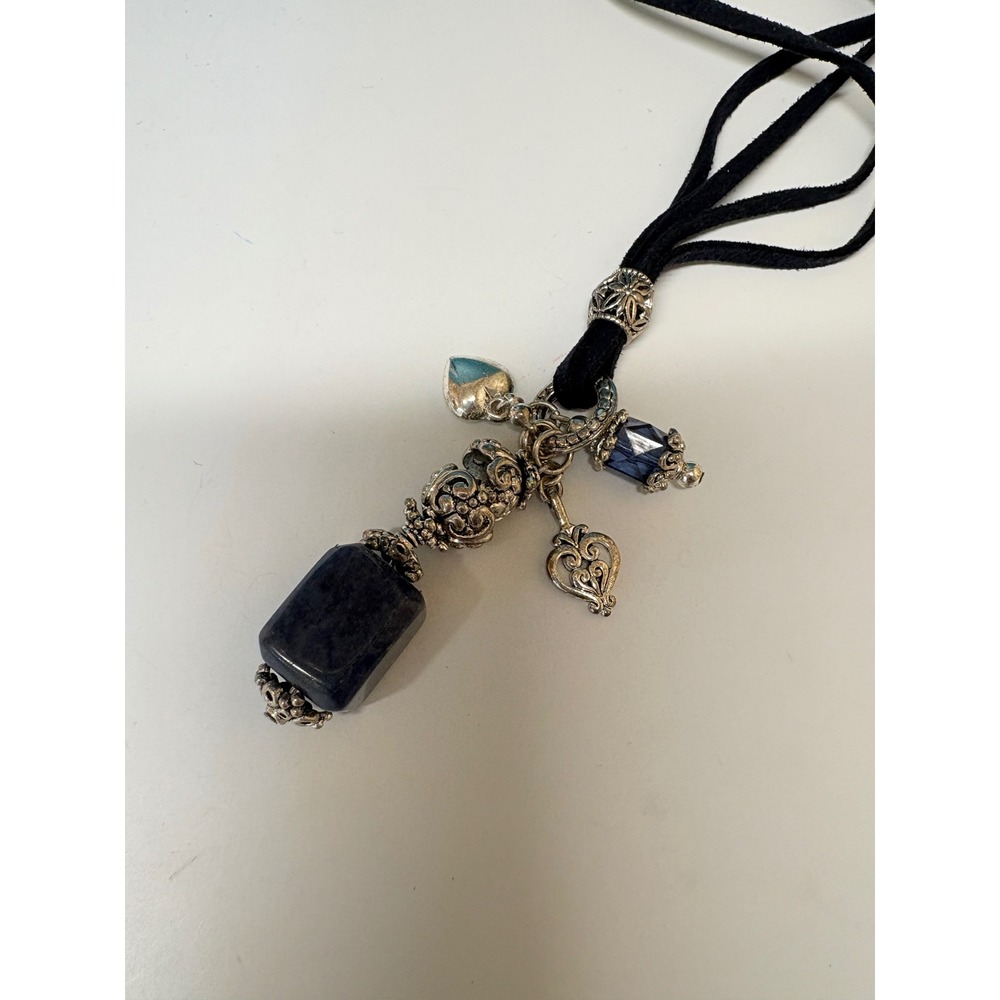 Blue Stone Heart Charm Cord Necklace Silver Tone Boho Whimsigoth Pendant 14in